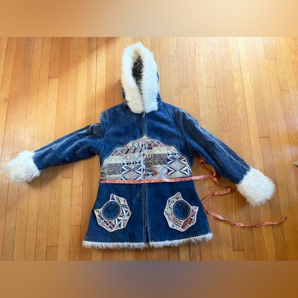 70s Vintage Blue Crush Velvet Penny Lane Style Coat w Faux Fur Trim and Hood - Picture 9 of 10